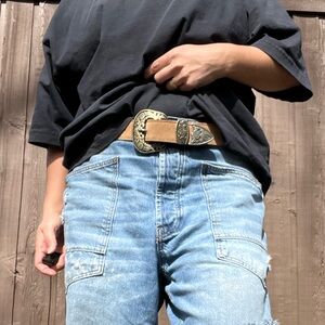Free People Western Suede Belt Tan Engraved Buckle Size S/M